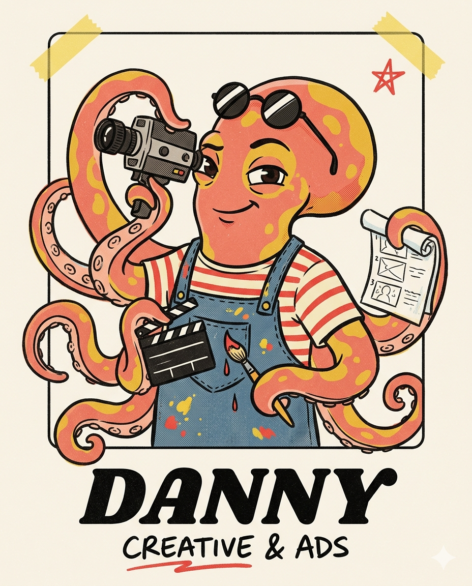 Danny, illustrated as an octopus in denim overalls holding a film camera and clapperboard. Creative and Ads.